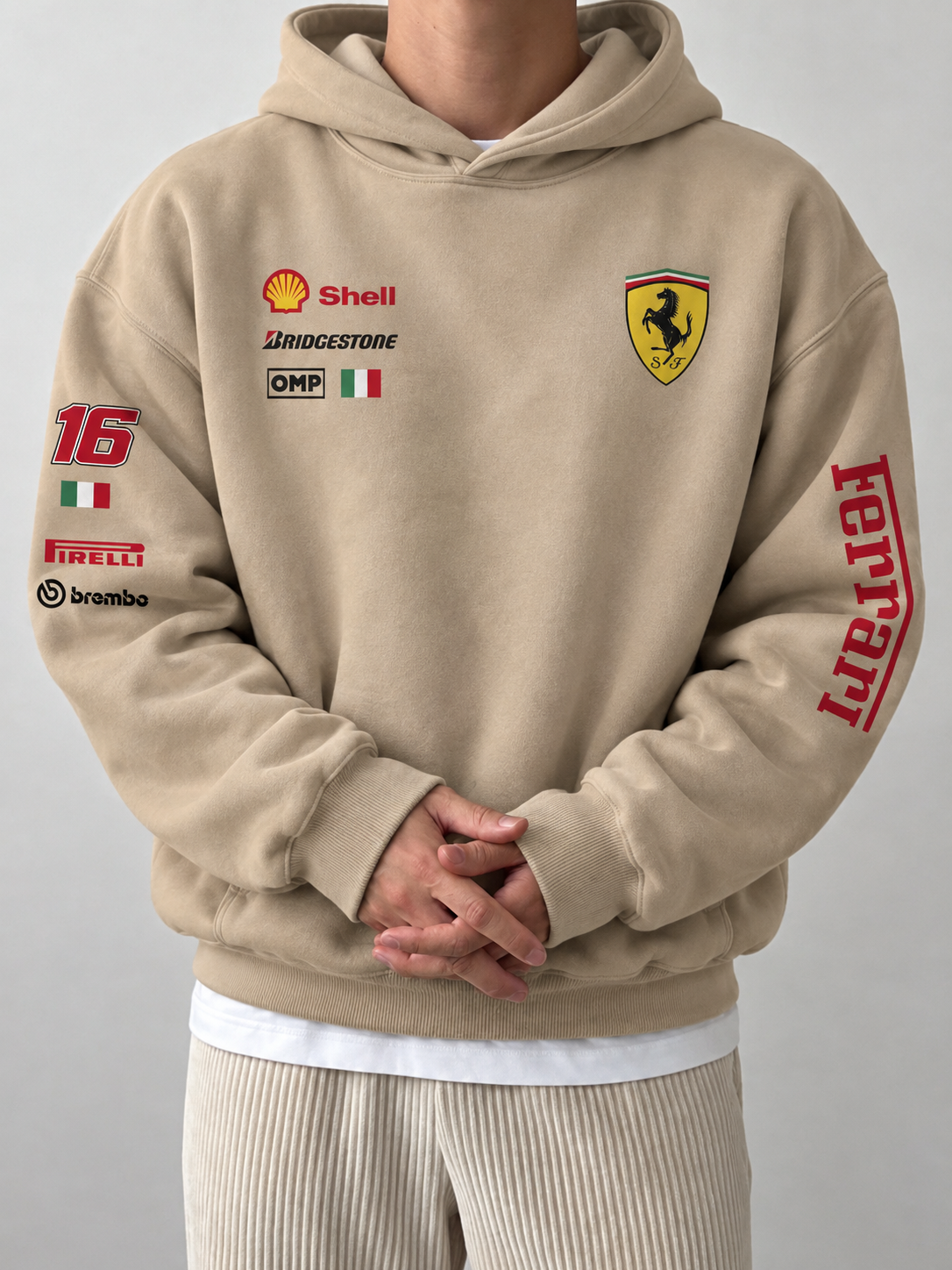 Scuderia Ferrari Beige Racing Oversized Hoodie model photo