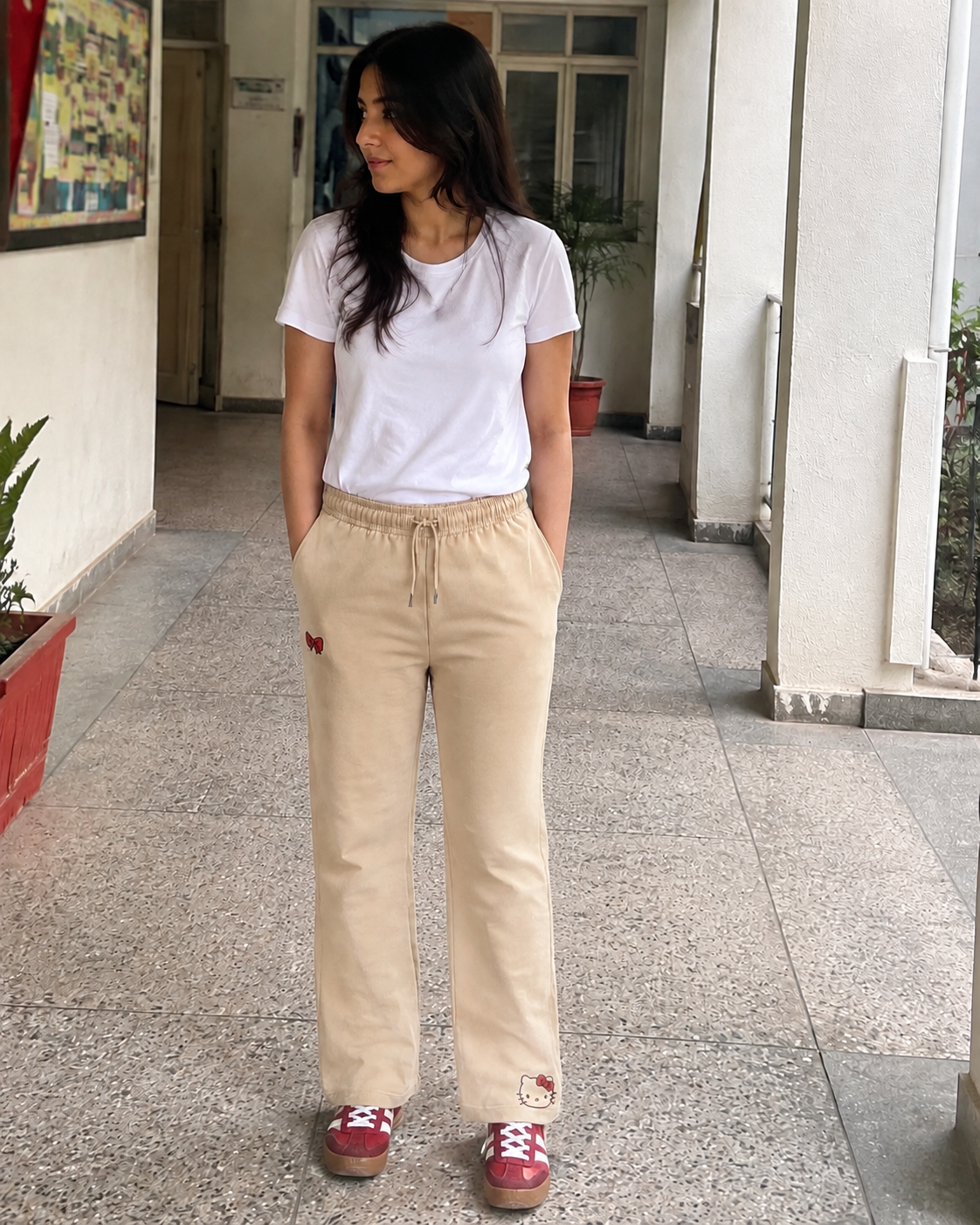 Hello Kitty Wide-Leg Trousers (Beige)