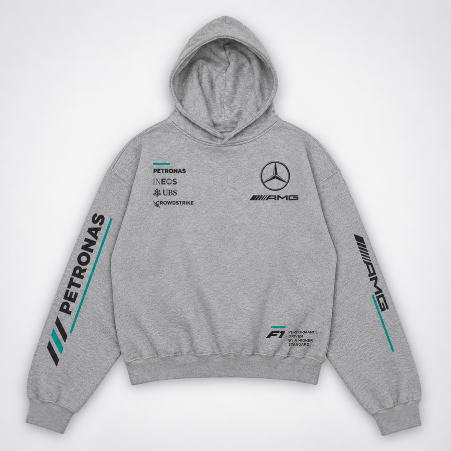 Mercedes AMG Grey Racing Oversized Hoodie flat lay