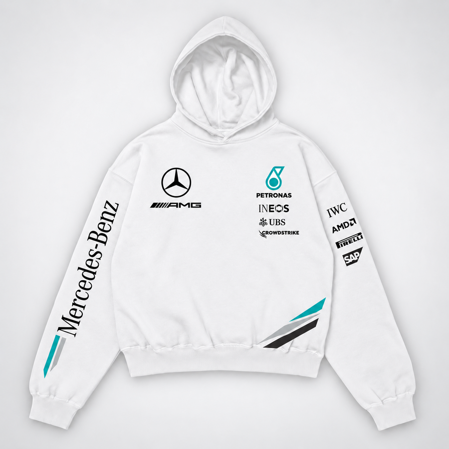 Mercedes AMG White Racing Oversized Hoodie flat lay