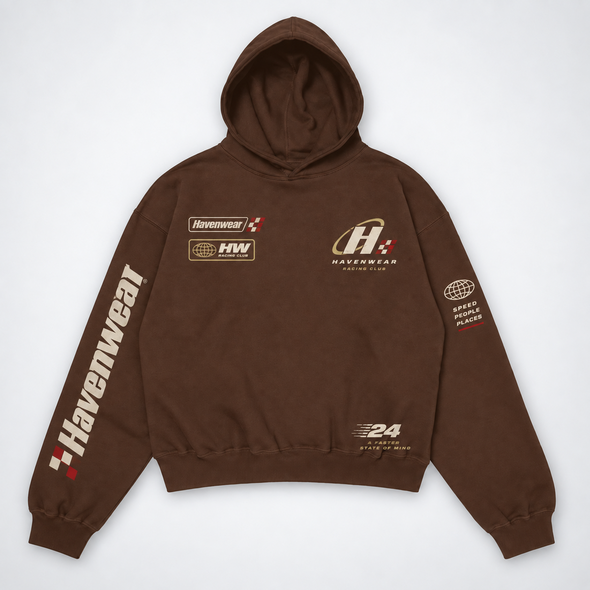 Havenwear Racing Club Brown Oversized Hoodie flat lay