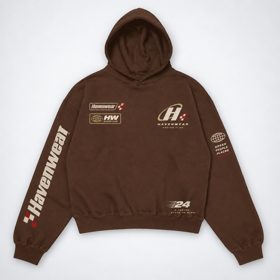 Havenwear Racing Club Brown Oversized Hoodie flat lay