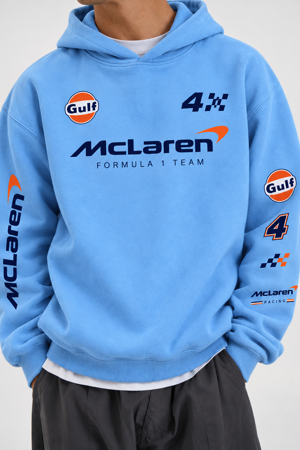 McLaren Gulf Sky Blue Racing Oversized Hoodie model photo